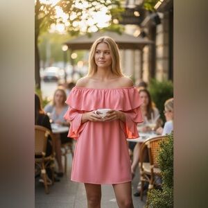 Wayf Pink Off-Shoulder Mini Dress Ruffled Sleeves Size Medium